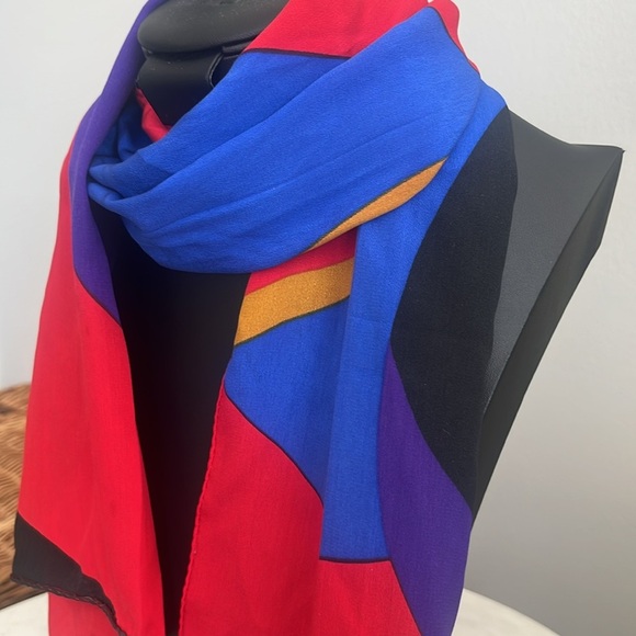 Ginnie Johansen Geometric Modern Art Bold Silk Scarf Red Blue Gold - Picture 2 of 10